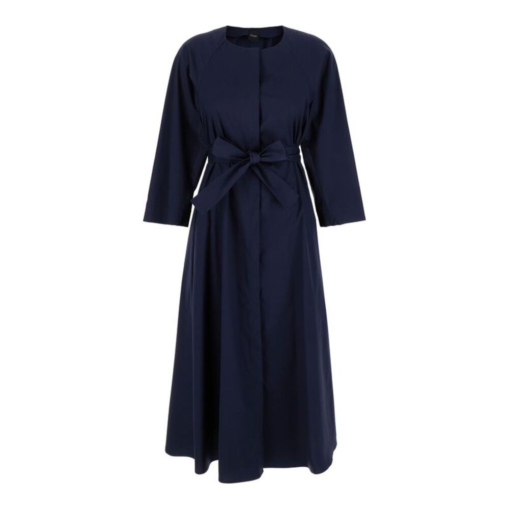 Plain Women Long Blue Dress With Belt In Fabric Woman